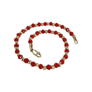 14k Yellow Gold Fashion Red And Gold Beaded Bracelet 7.5"